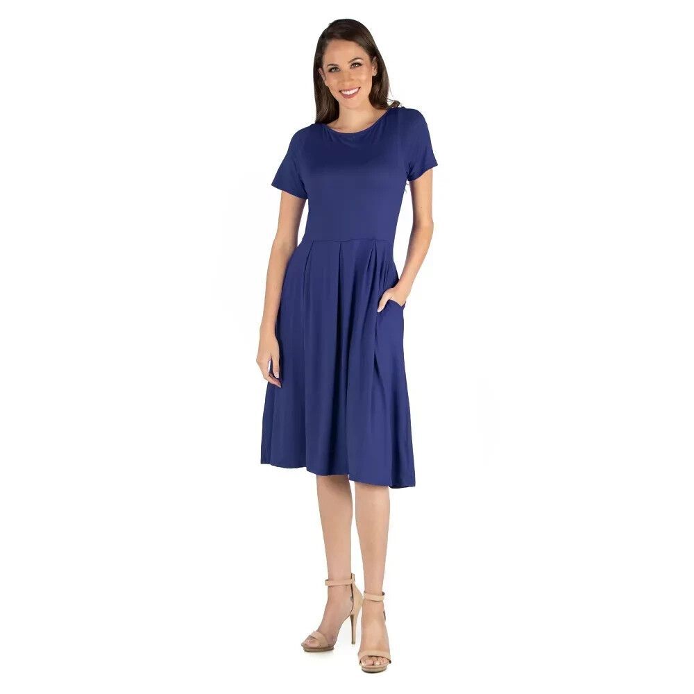24seven Comfort Apparel Short Sleeve Midi Dress Jersey Knit - Navy - XL - NEW